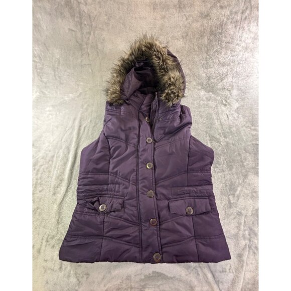 New York & Company Vest Women's Medium Purple Hooded Puffer Vest w/ Faux Fur Tri - Picture 1 of 9